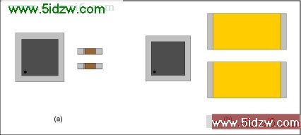 图4. a) 两个1uF电荷泵电容相比b) 两个220uF输出耦合电容,大大节省了空间