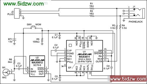 Figure 1. This headphone attenuator/amplifier has a microphone monitor and allows easy conversation while wearing earbuds.