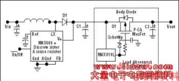 Figure 3. Adding three components in the MOSFET-gate circuit of Figure 2 provides the slow-connect/fast-disconnect necessary to accommodate heavy startup loads.