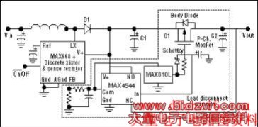 Figure 4. Further embellishments (to Figure 3) add remote-sense regulation and low-voltage detection to the boost converter with load disconnect.