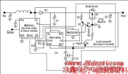 Figure 5. To achieve the load disconnect for low output voltages, this circuit ensures adequate drive to the MOSFET by generating a negative rail for the gate-drive IC (MAX810L).