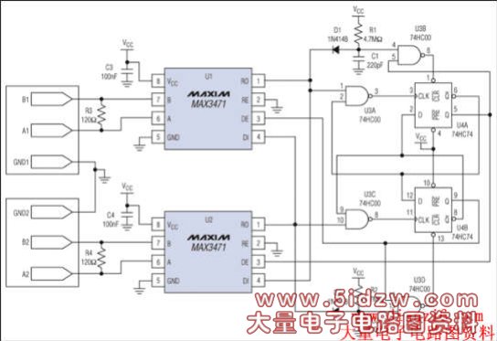 图1. 待机电流只有3µA的RS-422中继器。