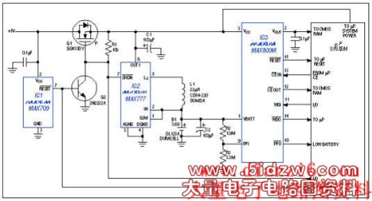 Figure 1. During the brief interval between a low-VCC warning and power fail, this system's boost converter (IC2) derives 5V from the backup battery, giving the µP time to complete its shutdown routine.