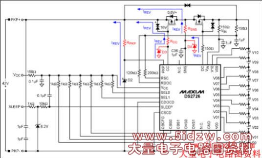 Figure 1. Modified typical application so the DS2726 passes a reverse charger connection.