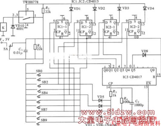 十位数字密码开关(CD4013、CD4017)电路
