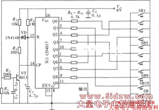 由CD4017组成的九位数字密码控制器电路