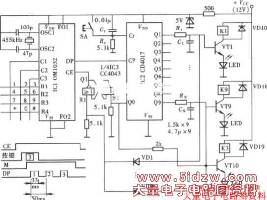 琴键式电子开关电路(OM1032、CD4043、CD4017)电路