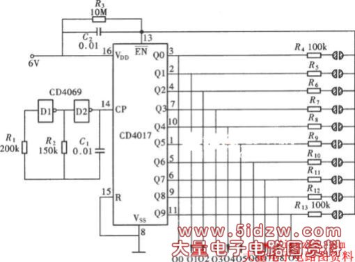 双五挡电子开关控制器(CD4015、NE555)电路