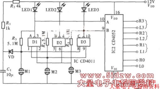 由CD4052、CD4011组成的触摸式三路音源切换开关电路