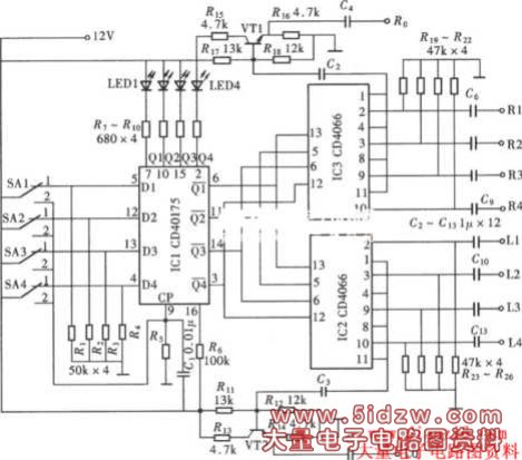 由CD40157、CD4066组成的四路电子切换开关电路
