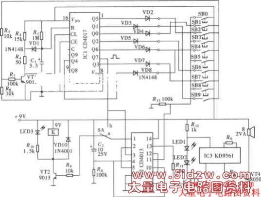 有报警功能的密码开关(CD4017、CD4013)电路