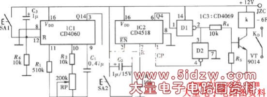长延时定时控制器(CD4060、CD4518、CD4069)电路