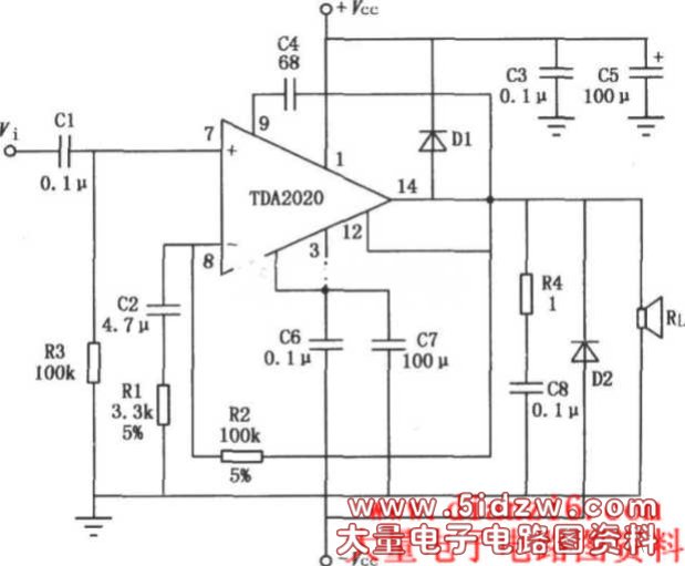 20W Hi—Fi音频功率放大器TDA2020的典型应用电路