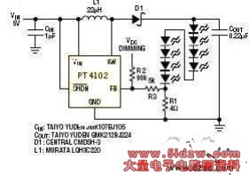 PT4102的5V驱动8颗白光LED电路图