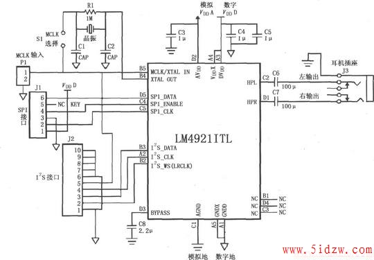 LM4921用于双声道耳机放大器的典型电路