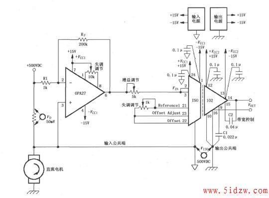 由ISO102与OPA27构成的测量500VDV直流电机电流的电路