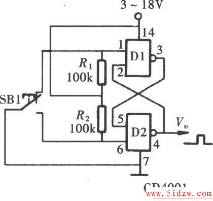 用门电路组成的防抖动开关(CD4011、CD4043)