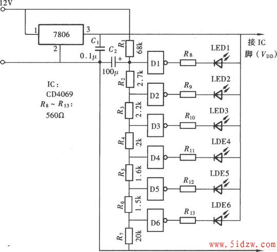 用门电路组成LED电压表