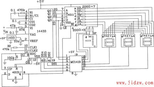 由3 1/2位双积分式A/D转换器MC14433构成的数字电压表电路